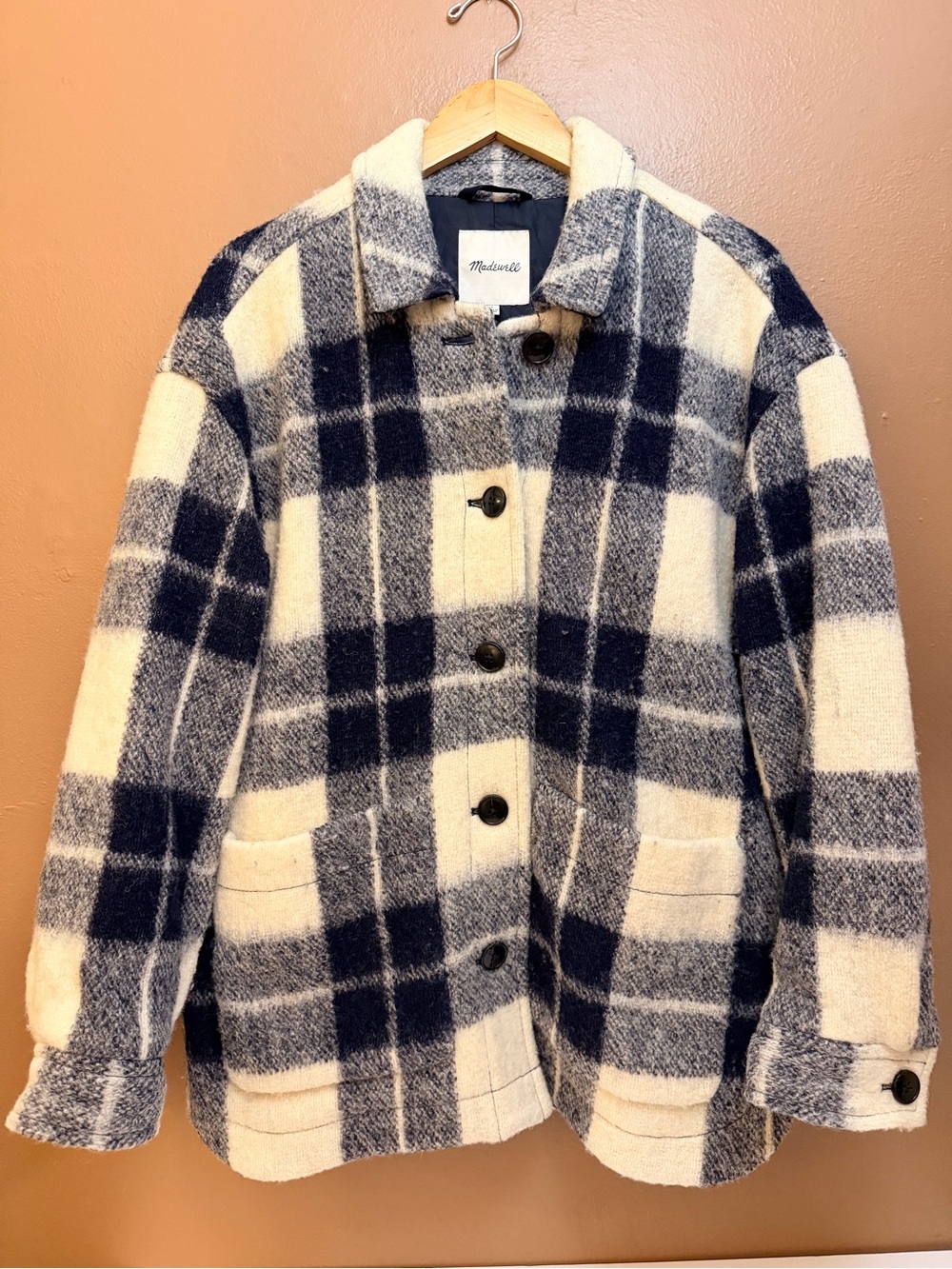 Madewell Women’s Blue White Plaid Lined Button Front Collared Shirt Jacket L - Picture 3 of 8